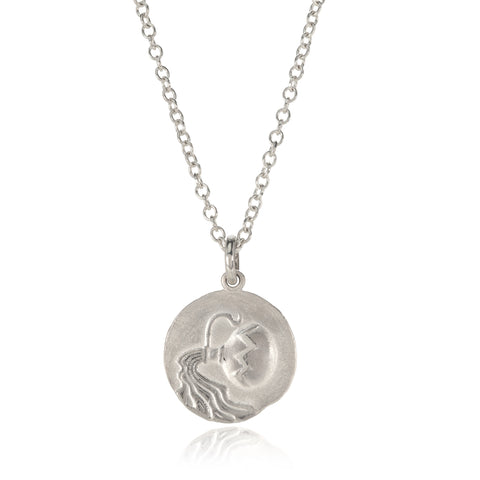 Silver Aquarius pendant pictured on white background