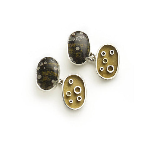 Silver and yellow gold micro-plated cufflinks set with agate on one side, with abstract pattern on other side