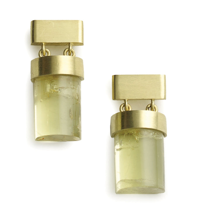 Yellow gold drop earrings set with yellow beryl
