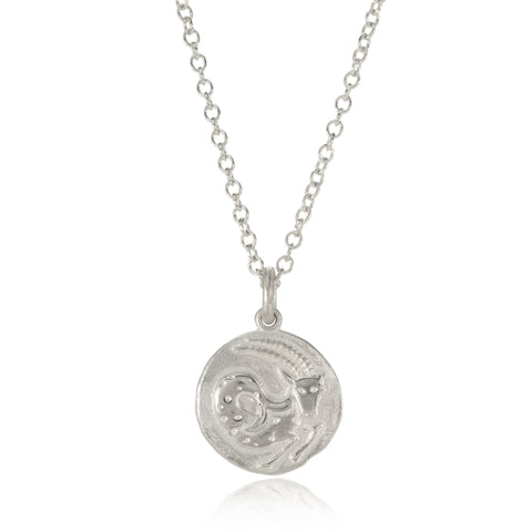 Silver Capricorn pendant pictured on white background