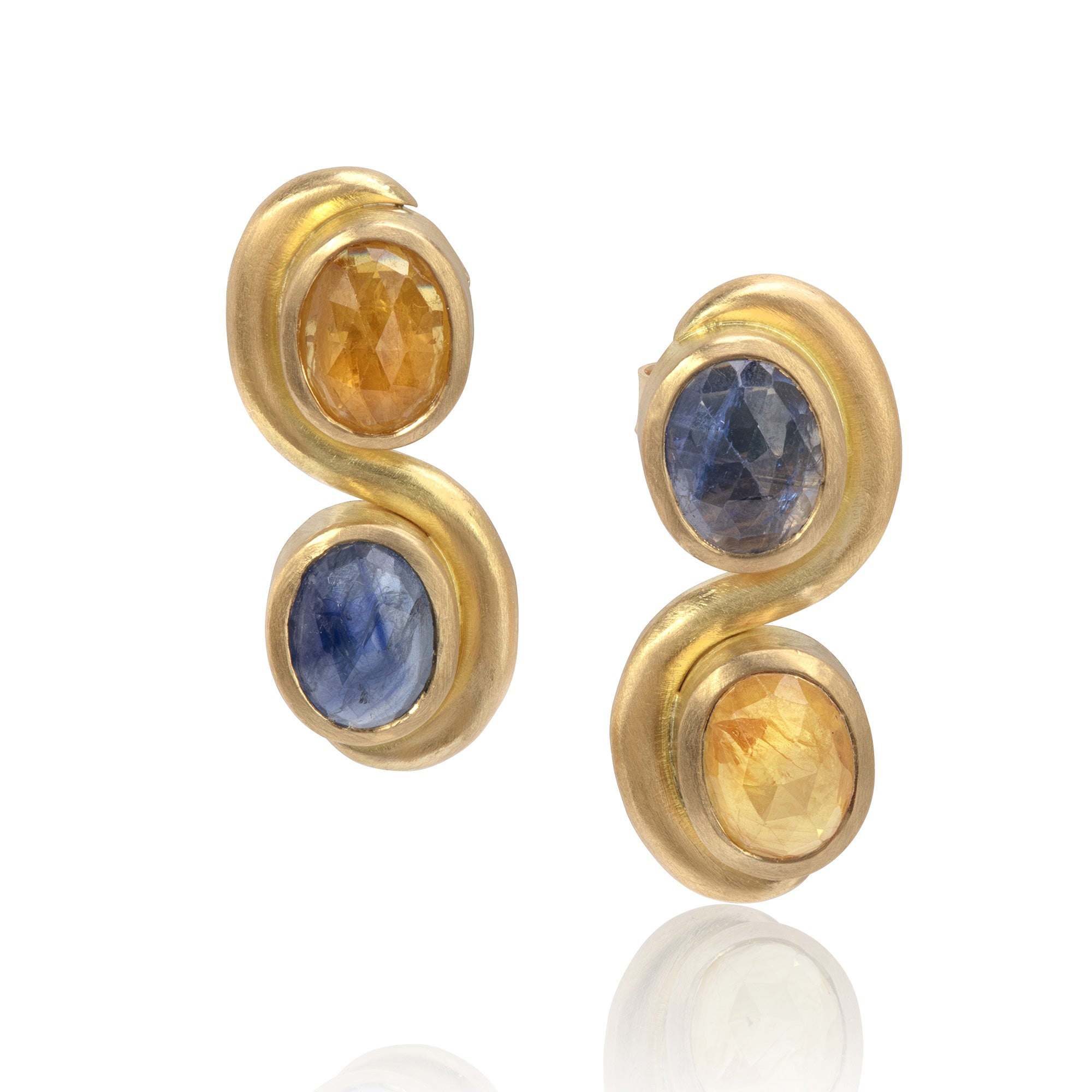 Swirl drop earrings, with blue and yellow sapphires