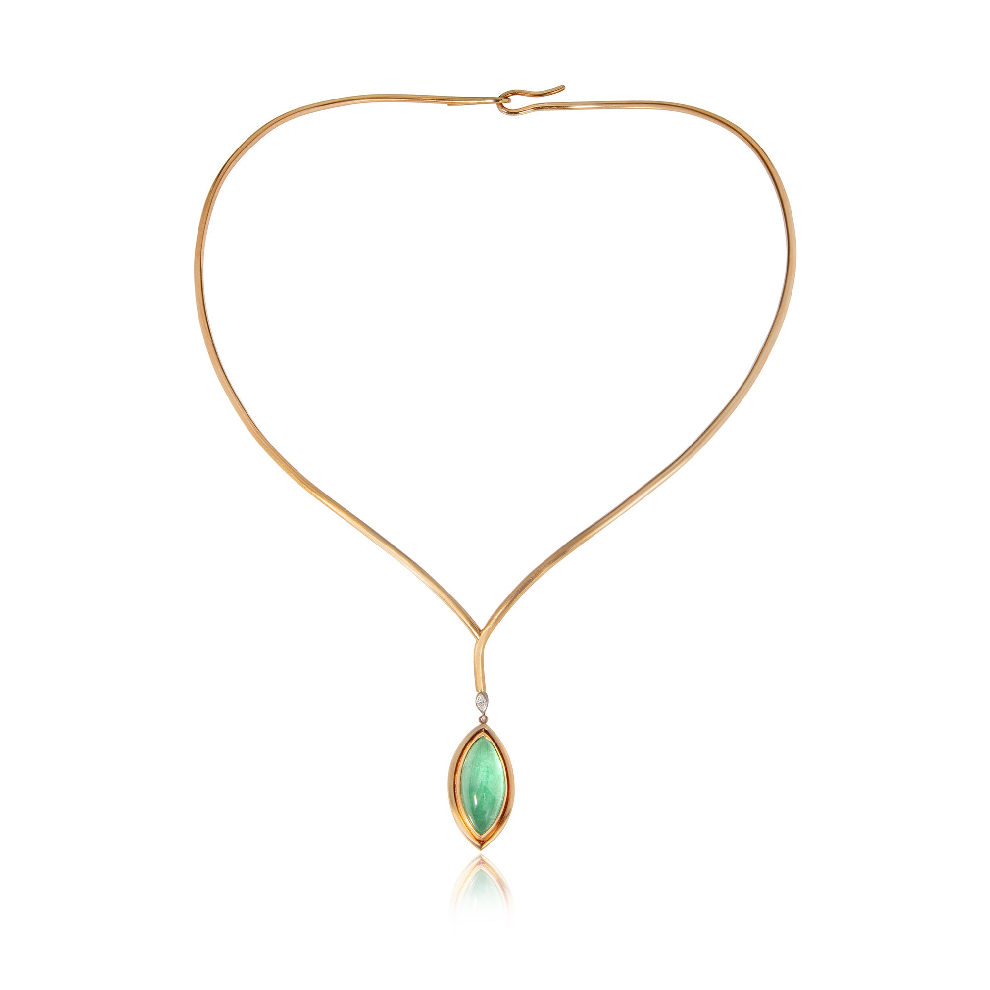 Navette shaped Paraiba tourmaline cabochon set in yellow gold, hung on tear drop shaped yellow gold torque on white background