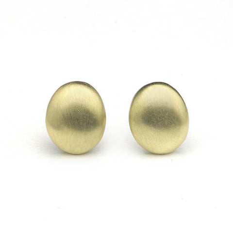 Yellow gold oval stud earrings with 'brushed' matte finish