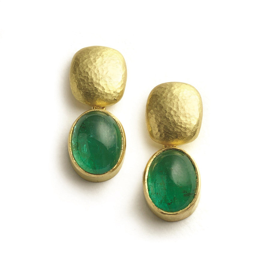 Drop earrings with large oval emerald cabohons set below hammered yellow gold tops