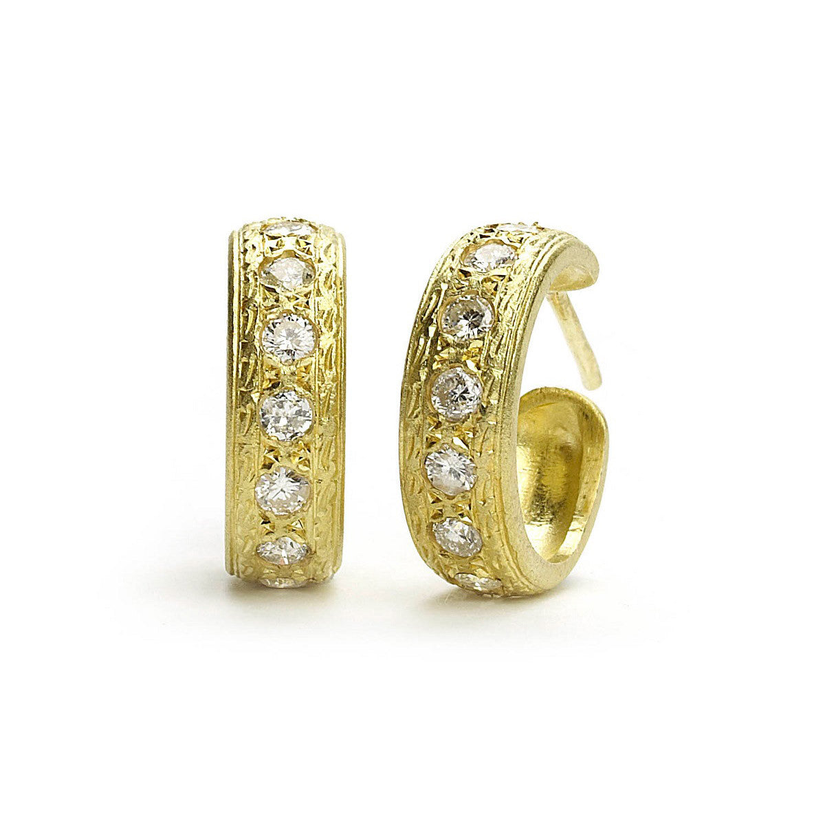 Yellow gold hoop earrings set with round cut diamonds with engraved border details