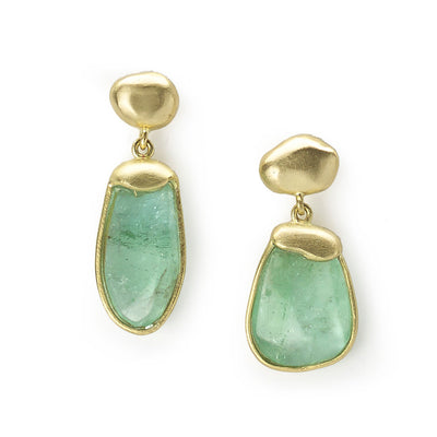 Asymmetrical pair of Paraiba tourmaline earrings set in molten effect yellow gold