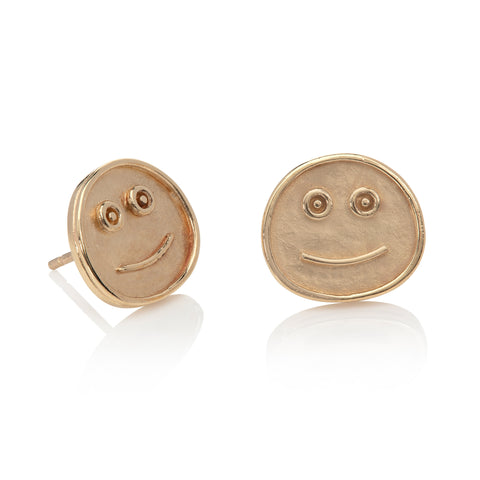 9ct yellow gold smiley stud earrings pictured on white background