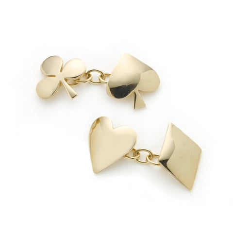 Gold cufflinks in the shape of card suits, chain link fitting