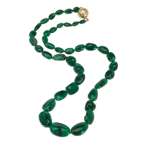 Smooth emerald bead necklace on a white background