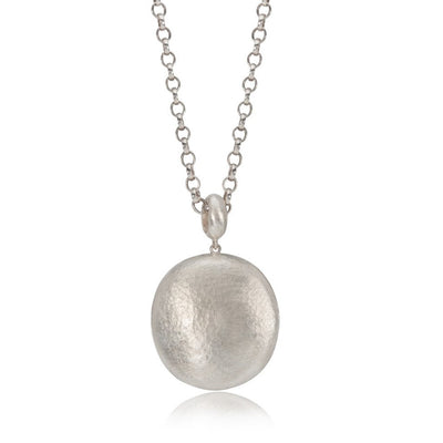 Silver pendant necklace on white background.