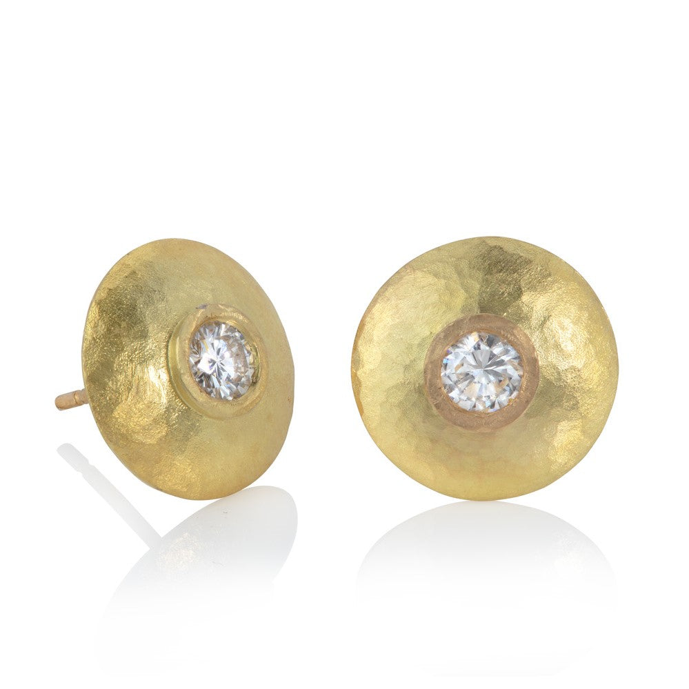 18ct yellow gold stud disk earrings with diamonds.