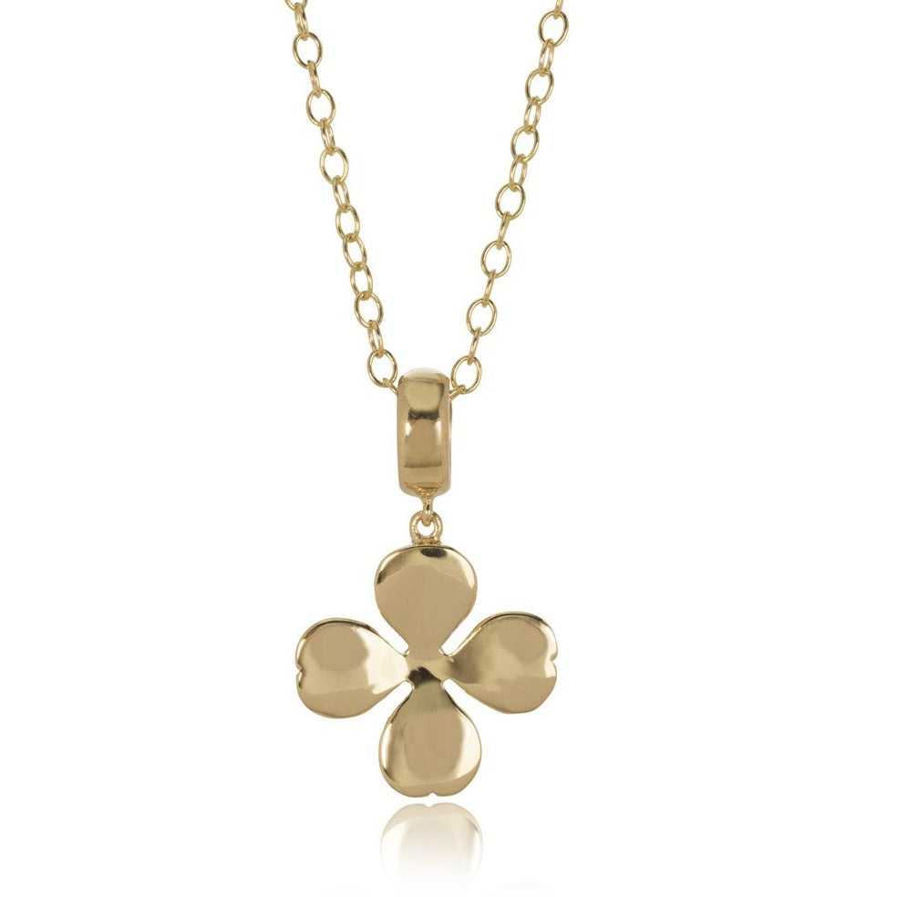 9 carat yellow gold four-leaf clover pendant necklace on a white background.