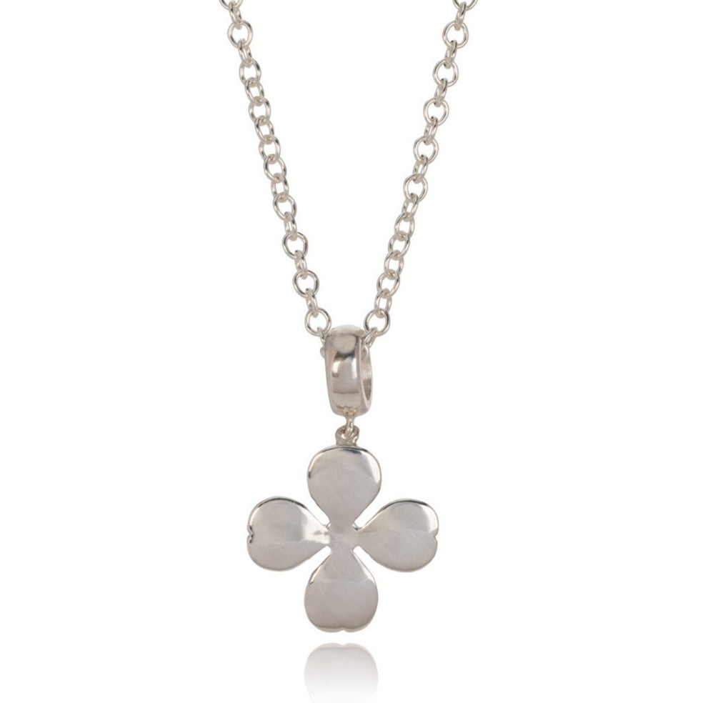 Sterling silver four leaf clover pendant necklace on a white background.