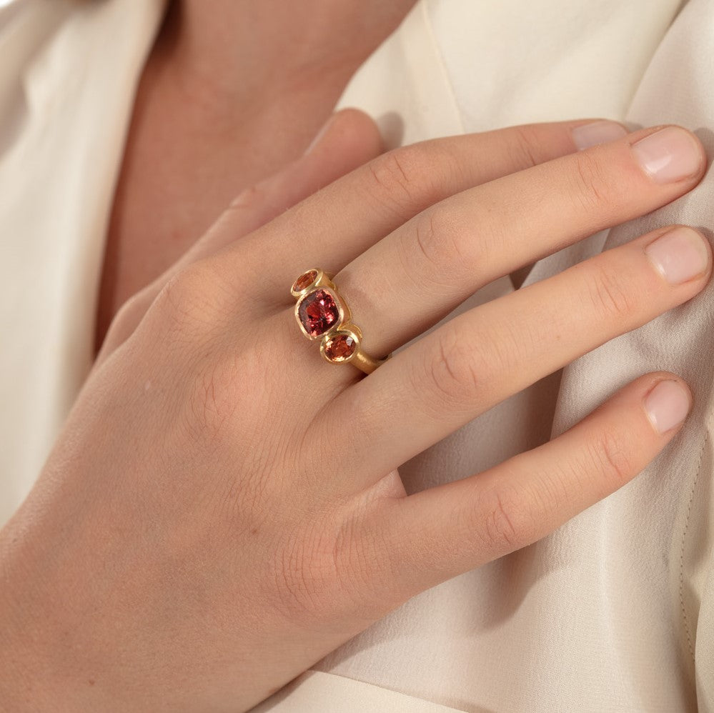 Malayan Garnet and Chrysoberyl Three Stone Ring