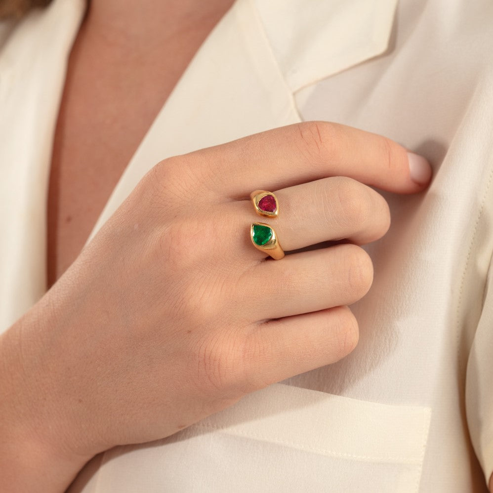 Pink Tourmaline and Emerald Snake Ring