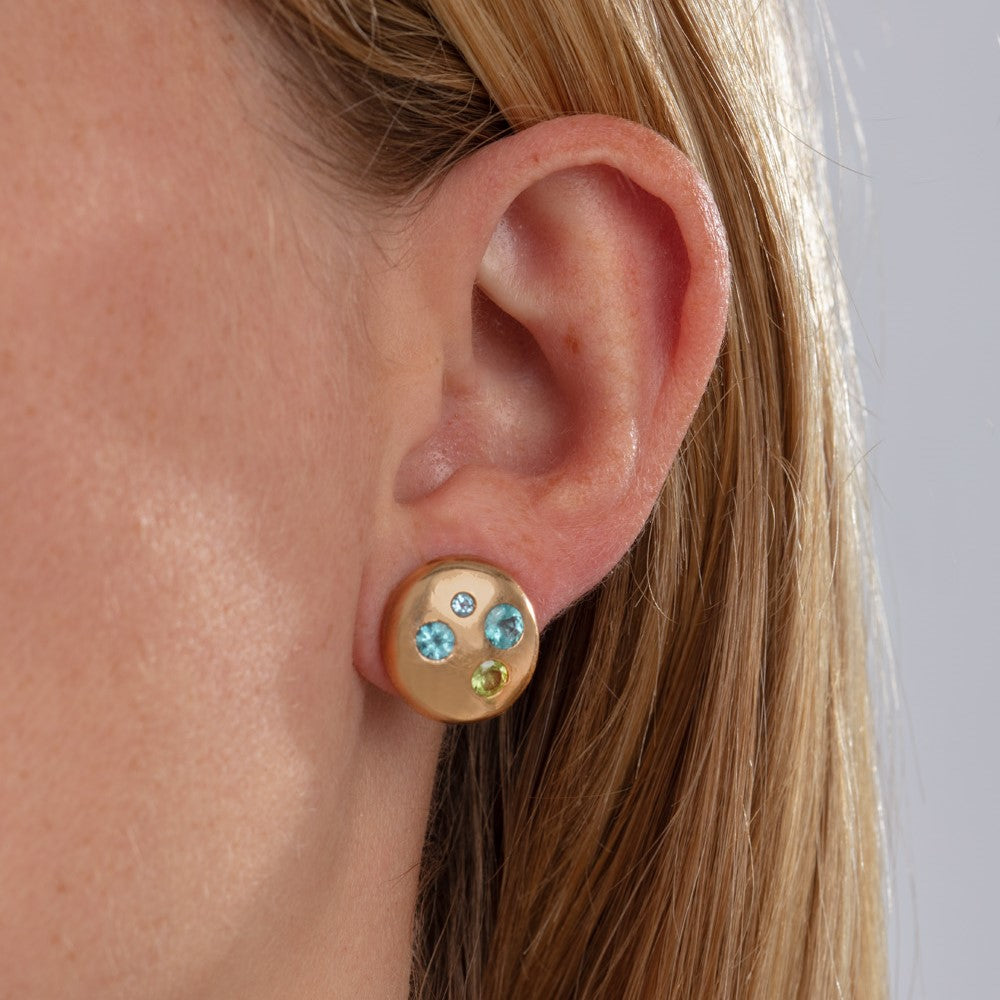 Gold Frisbee Earrings with Aquamarine and Peridot