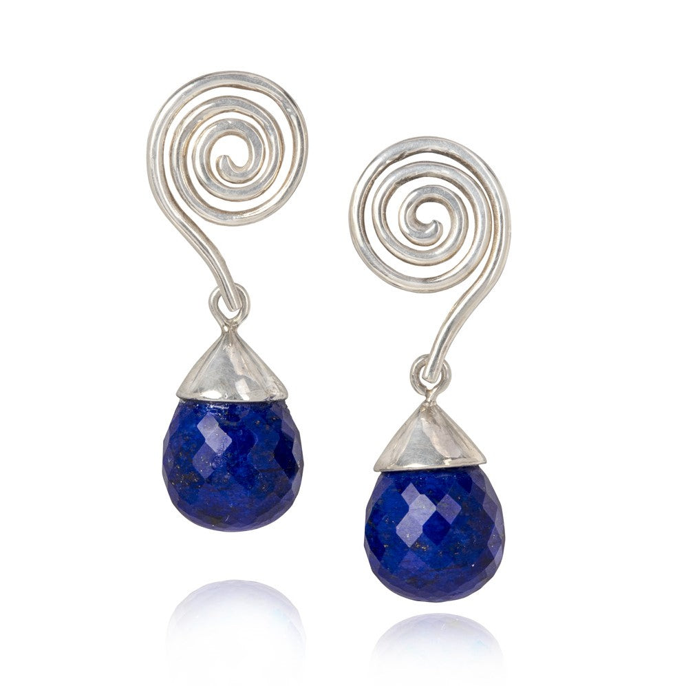 Silver swirl drop earrings with lapis lazuli briolette drop