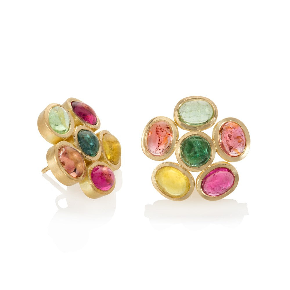 Yellow gold earrings set with multi-coloured tourmaline cabochons