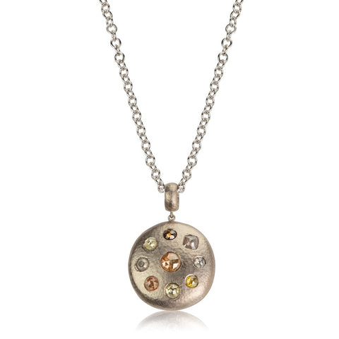 Hammered texture white gold pendant with multi-coloured rose cut diamonds