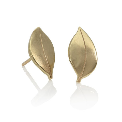 18 carat green gold micro-plated leaf stud earrings on a white background.