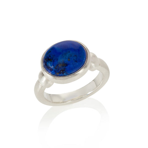Silver ring with oval lapis stone set with silver ball shoulders