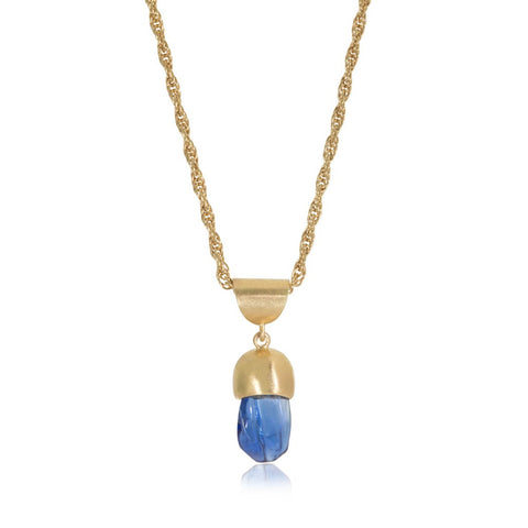 Blue irregular shaped sapphire pendant set in yellow gold with yellow gold chain