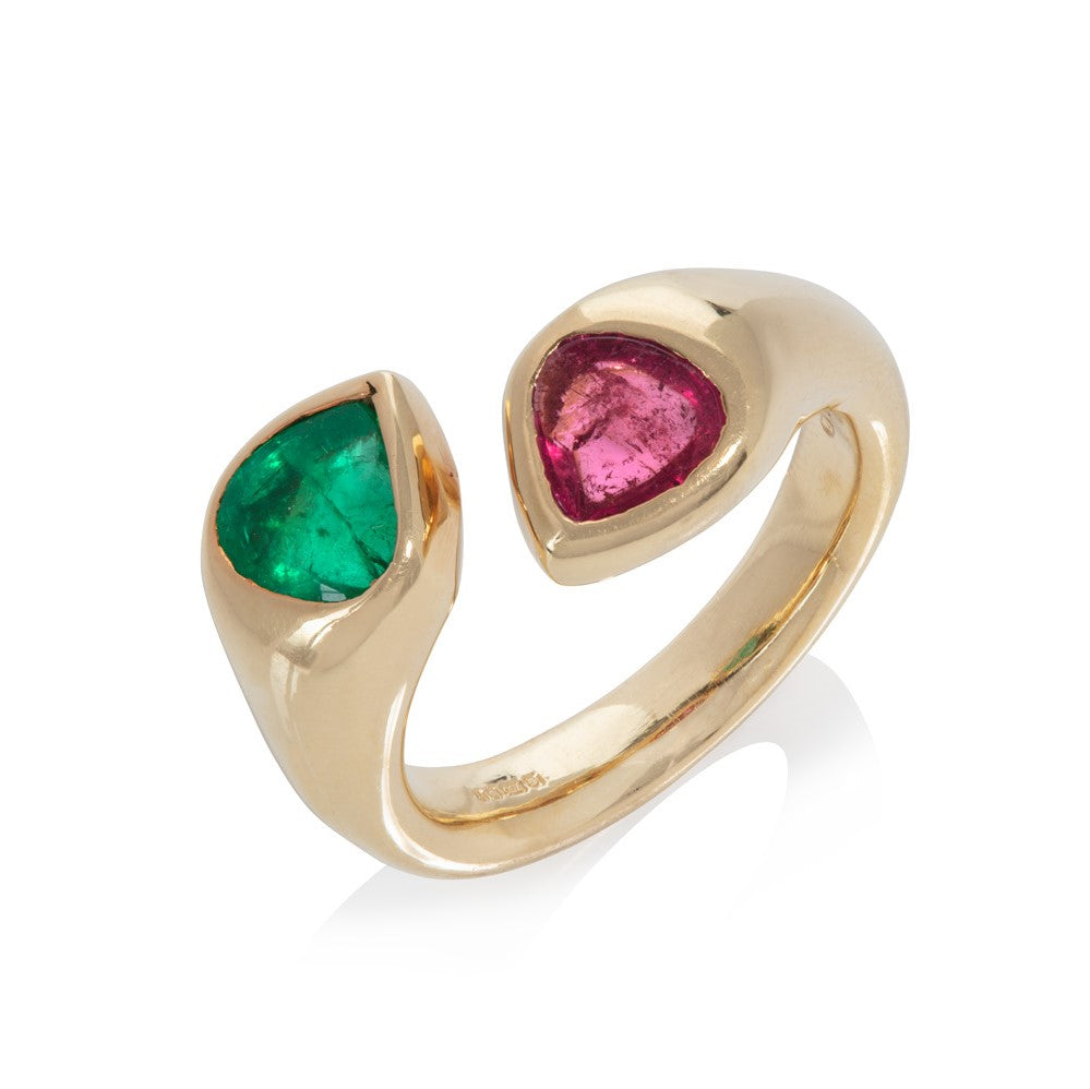 Pink Tourmaline and Emerald Snake Ring