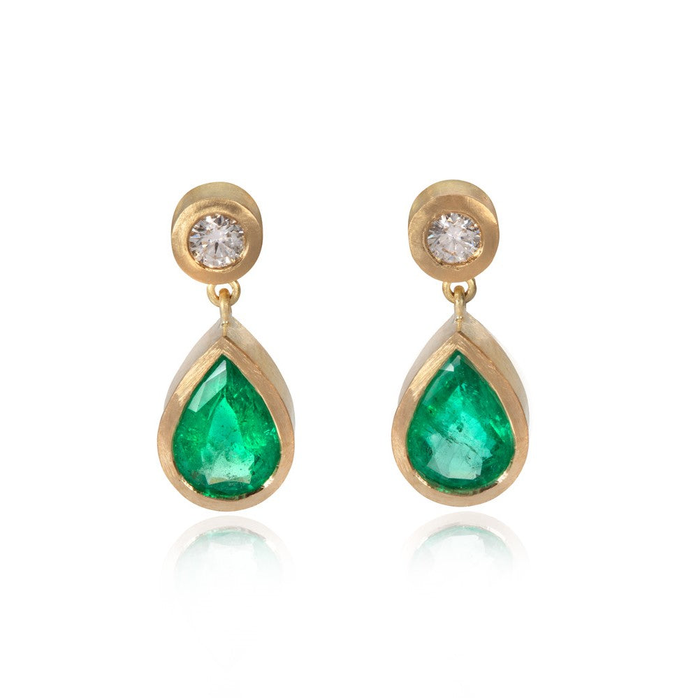Diamond and Pear Shaped Emerald Drop Earrings