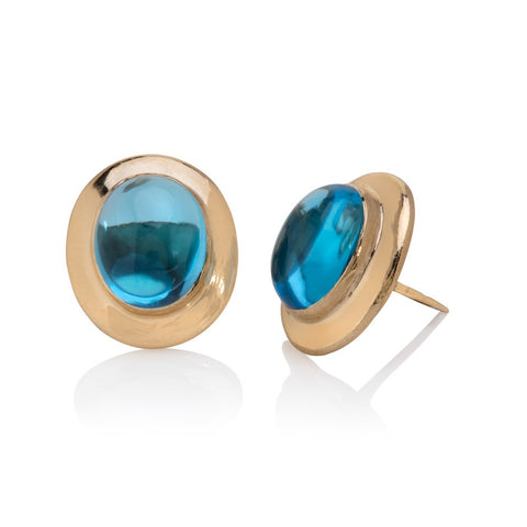 Yellow gold oval stud earrings, set with blue topaz cabochons