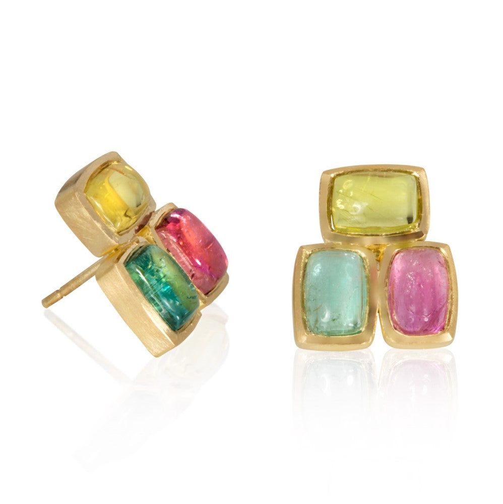 Multi-coloured tourmaline cabochons set in yellow gold