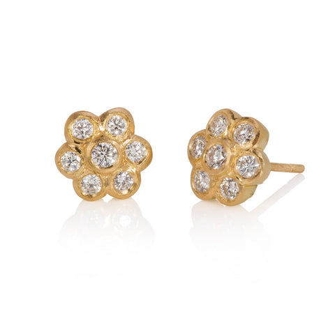 18ct yellow gold diamond daisy stud earrings on white background