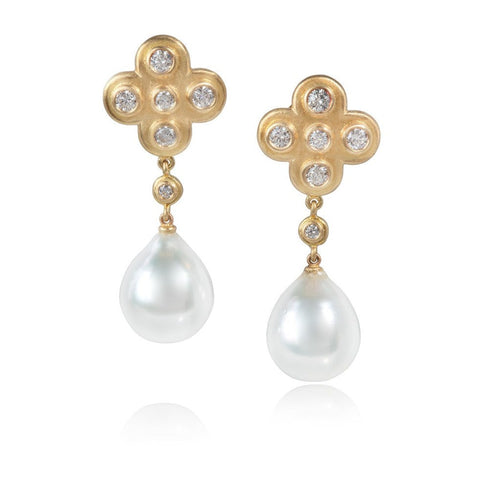 Yellow gold Byzantine style earrings with large pearl drops