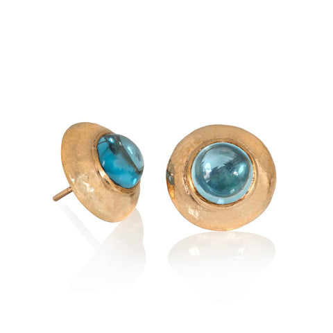 Yellow gold stud earrings with hammered texture studs set with blue topaz cabochons