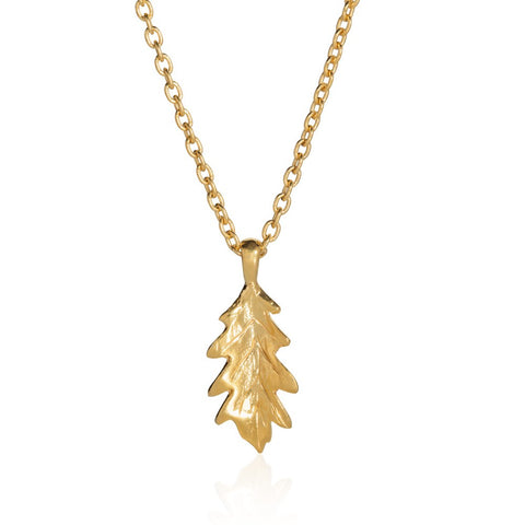 Silver oak leaf pendant, micro-plated with yellow gold, on matching chain