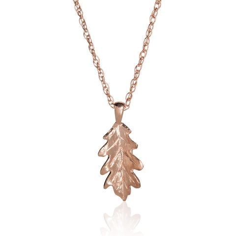 Silver oak leaf pendant, micro-plated with red gold, on matching chain