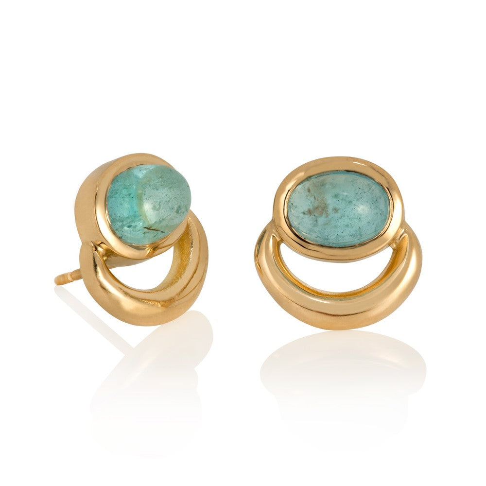 Stud earrings with aquamarine cabochons set in yellow gold in JLG bull ring design