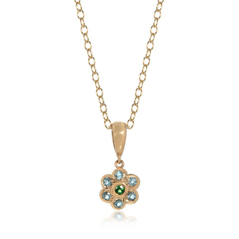 The Tsavorite and Blue Topaz Flower Pendant in 9ct yellow gold