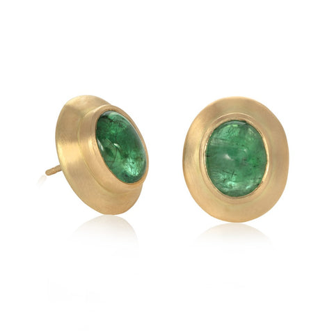 Gold & Emerald Cabochon Stud Earrings