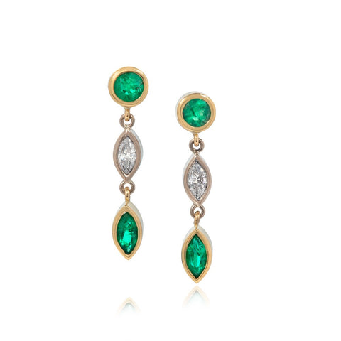 Three Tier Emerald and Diamond Drop Earrings set in 18ct Yellow and White Gold