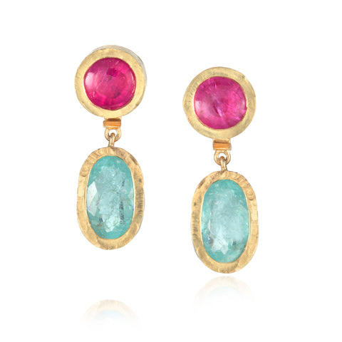 Sapphire and Rubellite Drop Earrings