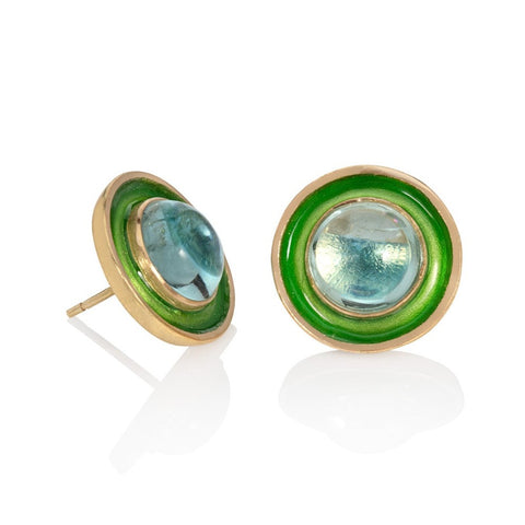 green and aquamarine stud earrings shown on a white background