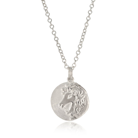 Silver leo pendant pictured on white background
