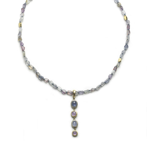 Multi-coloured sapphire bead necklace interspersed with solid gold beads, detachable pendant with sapphire cabochons
