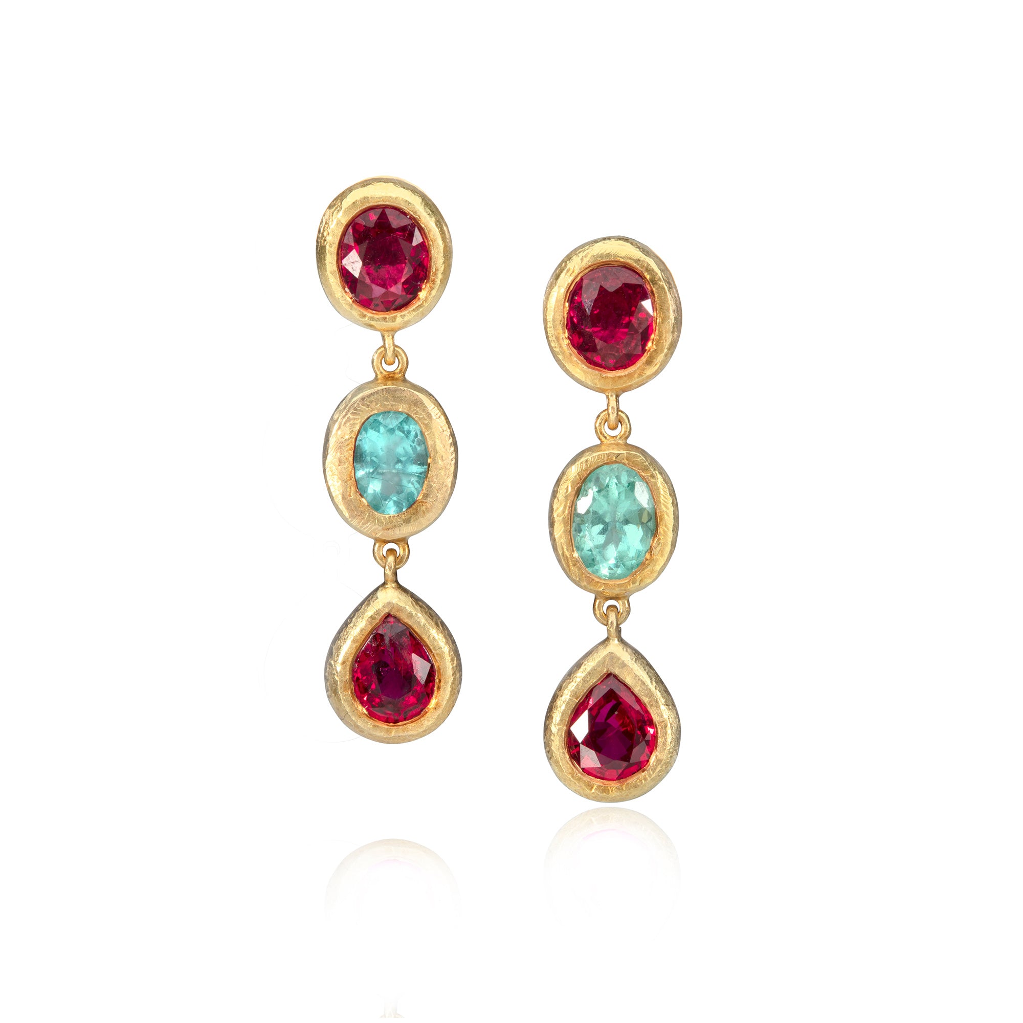 Paraiba tourmaline and ruby drop earrings on white background