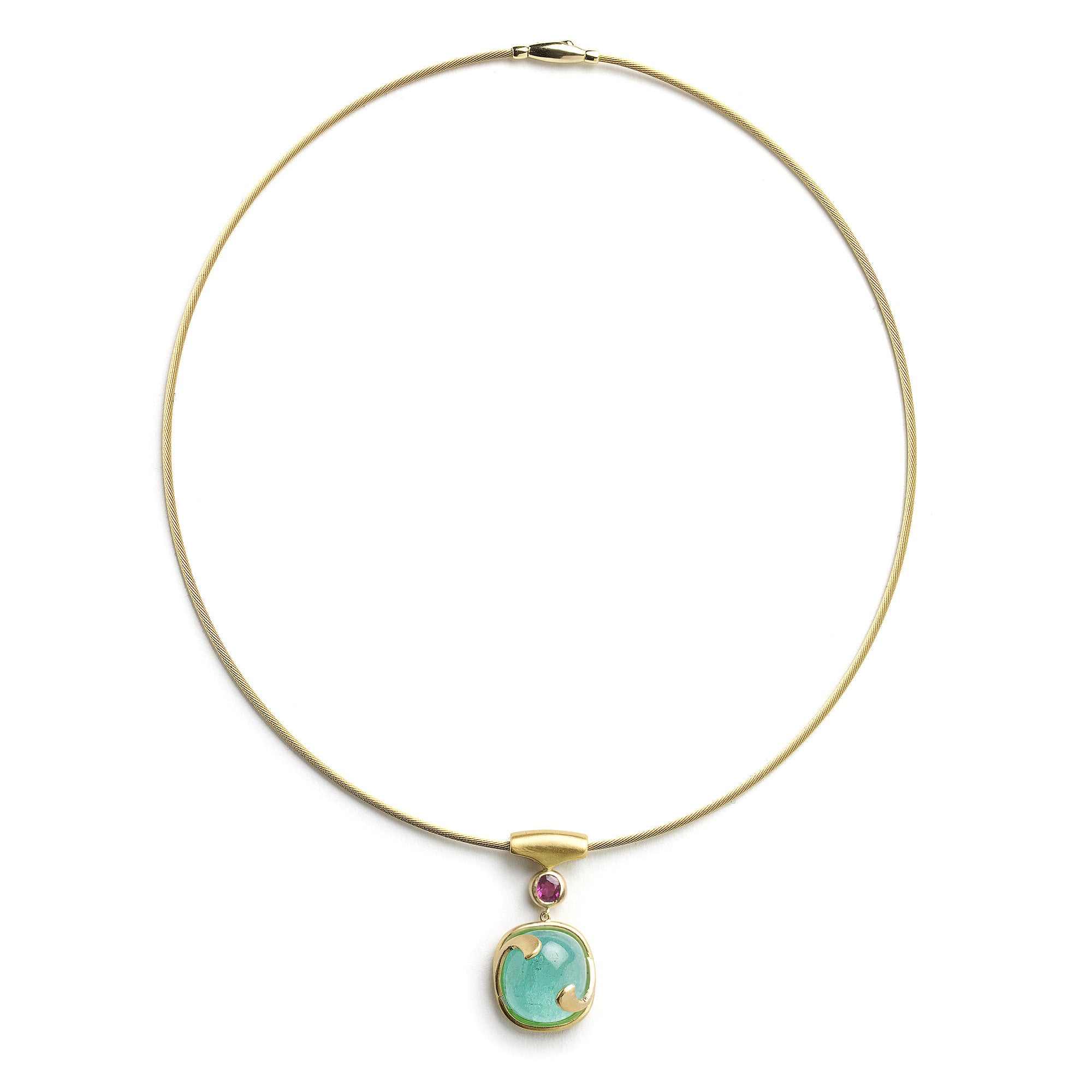 18ct yellow gold necklace with a large Paraiba tourmaline cabochon and facetted ruby, on a white background