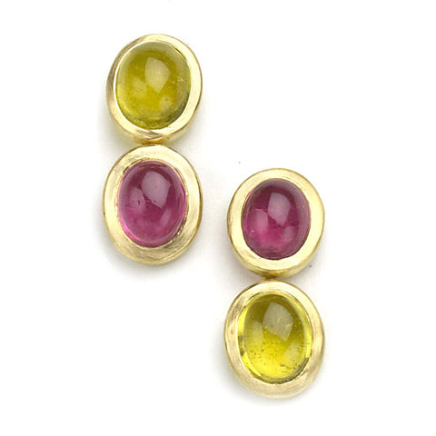 Asymmetrical drop earrings, with yellow and pink tourmaline cabochons set in yellow gold