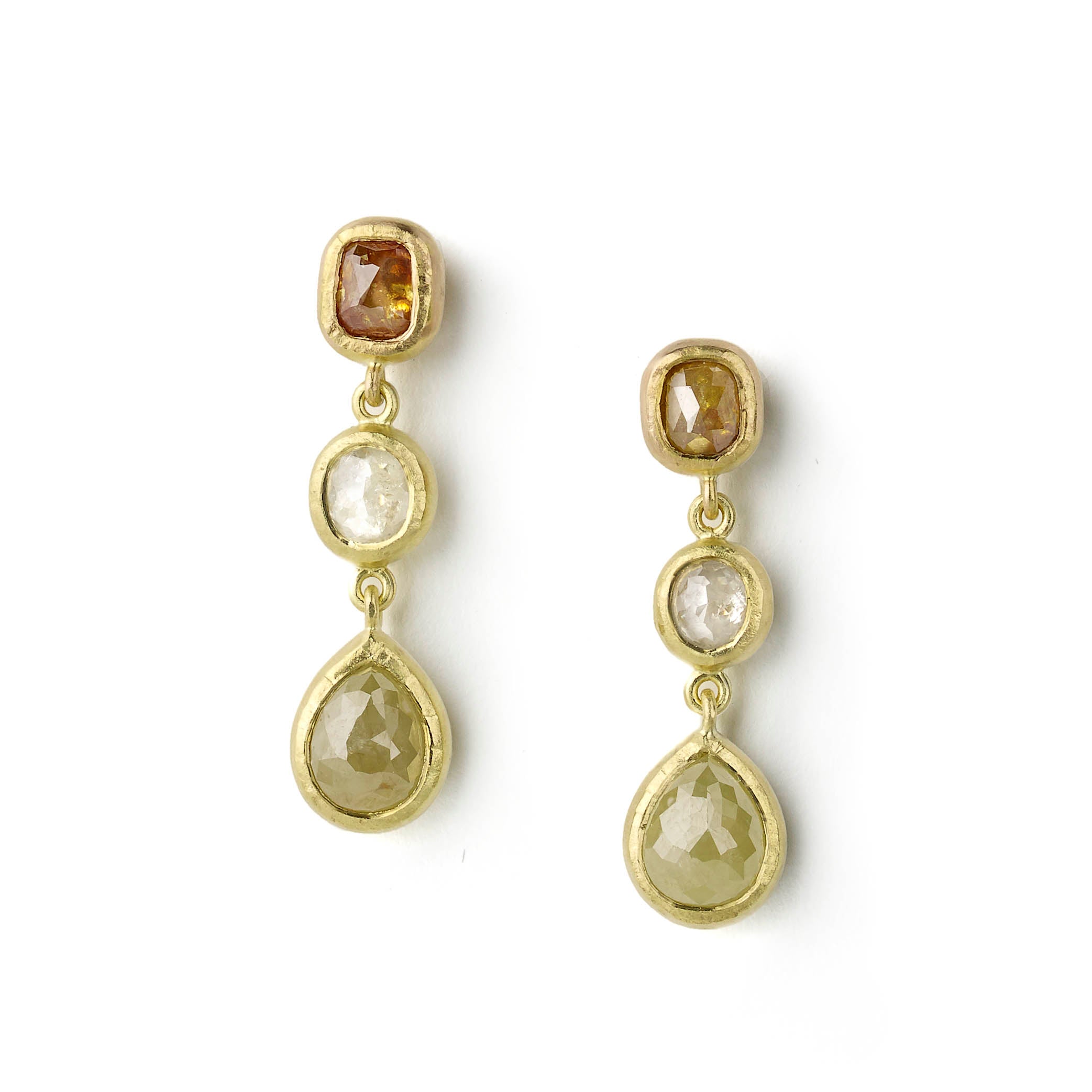 Yellow gold drop earrings set with rose cut diamonds of different hues