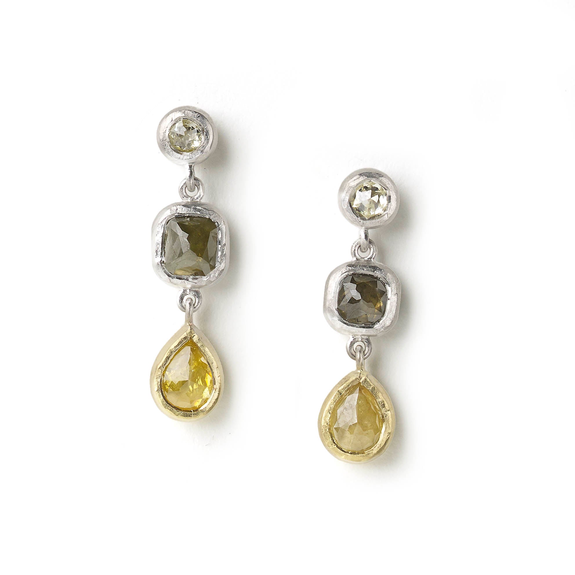 White gold drop earrings set with rose cut diamonds, yellow pear shaped rose cut diamonds set in yellow gold