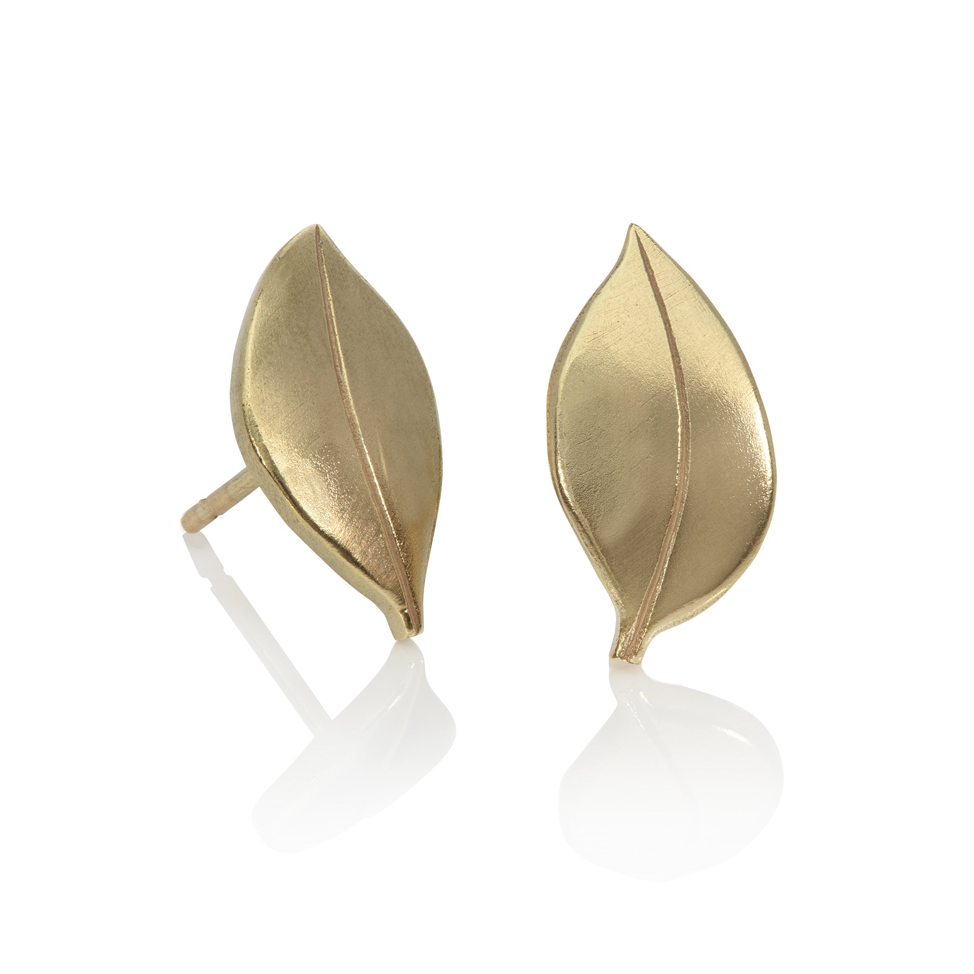 Leaf earrings in 18ct yellow gold pictured on white background